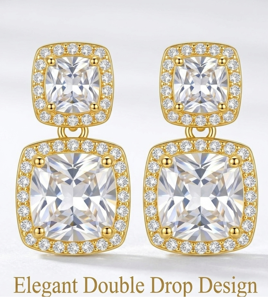 Luxury Double Halo Cushion-Cut Crystal Drop Earrings in Gold