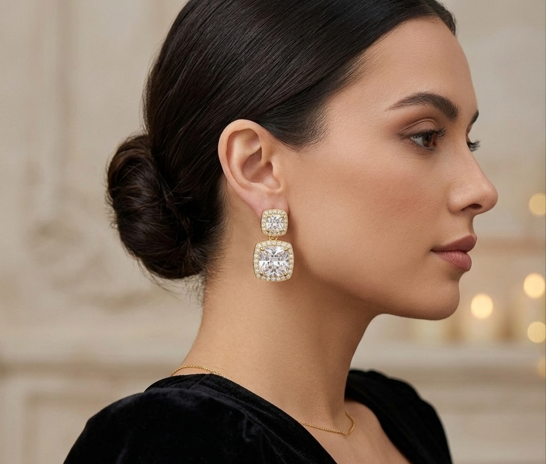 Luxury Double Halo Cushion-Cut Crystal Drop Earrings in Gold