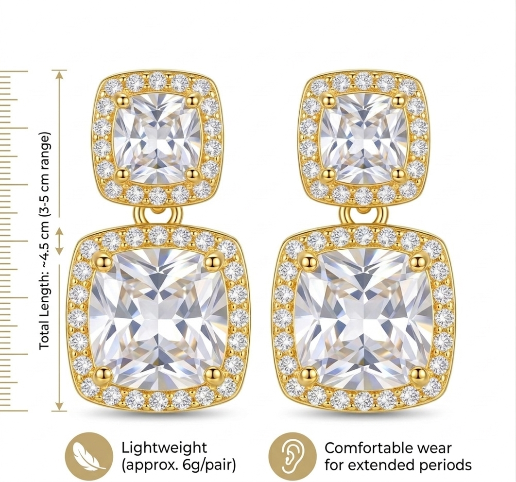 Luxury Double Halo Cushion-Cut Crystal Drop Earrings in Gold