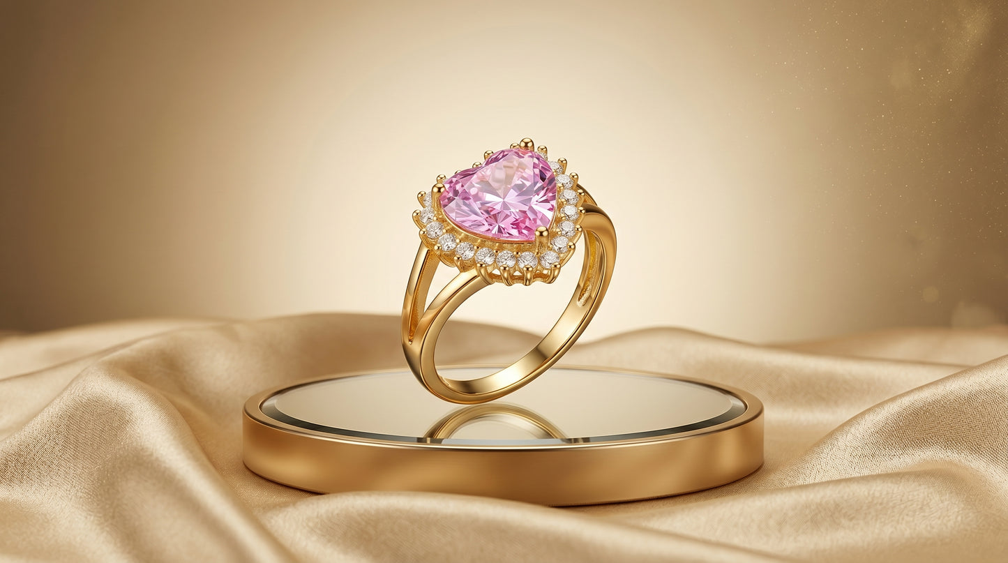 Elegant Heart-Cut Pink Gemstone Ring in Gold with Artificial Stones