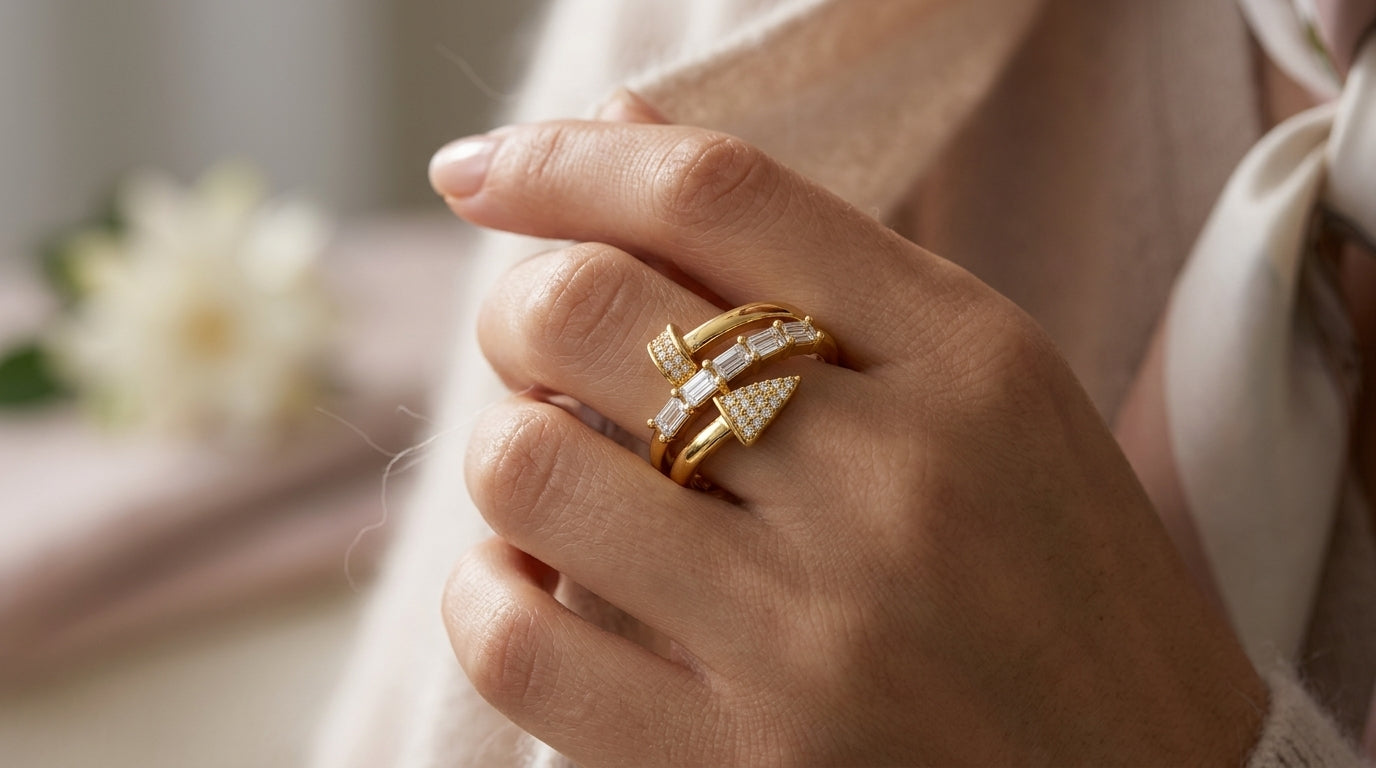 Modern Gold Plated Wrap Ring with Baguette Diamonds & Pavé Accents