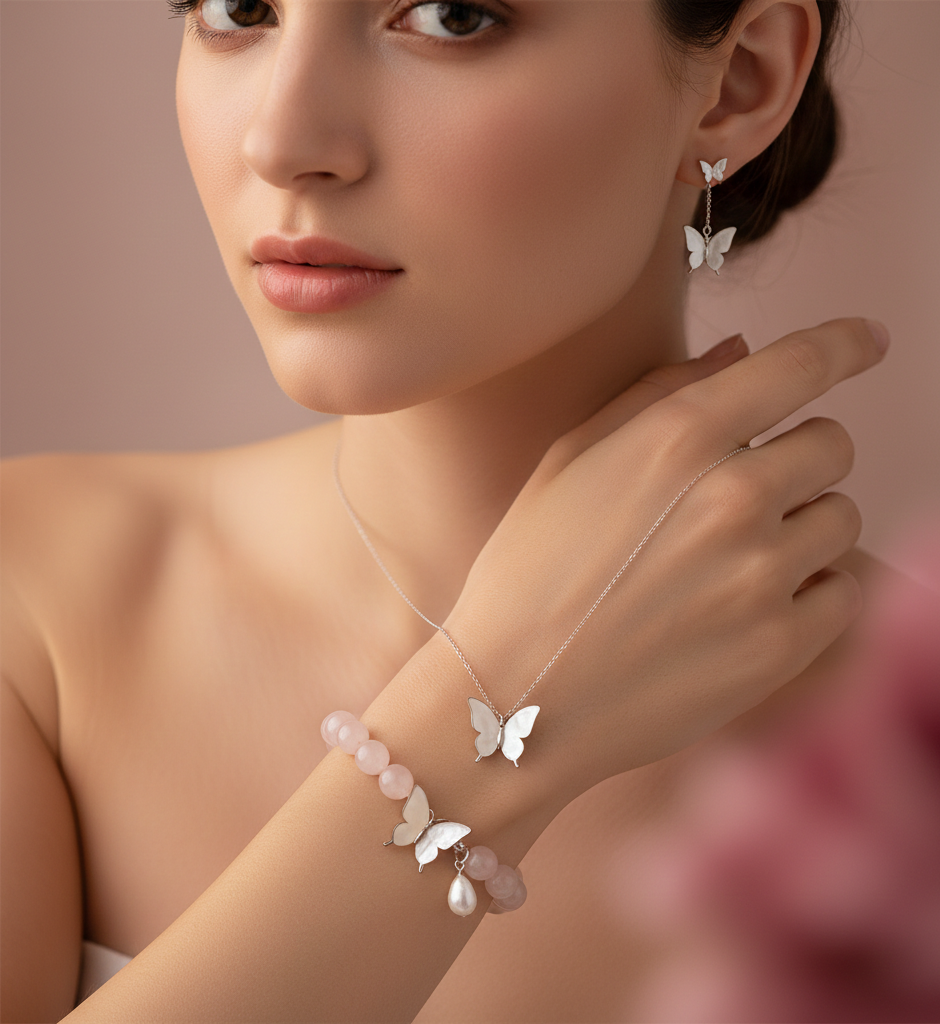 Delicate Butterfly Jewelry Set with Rose Quartz Beads & Gold Accents