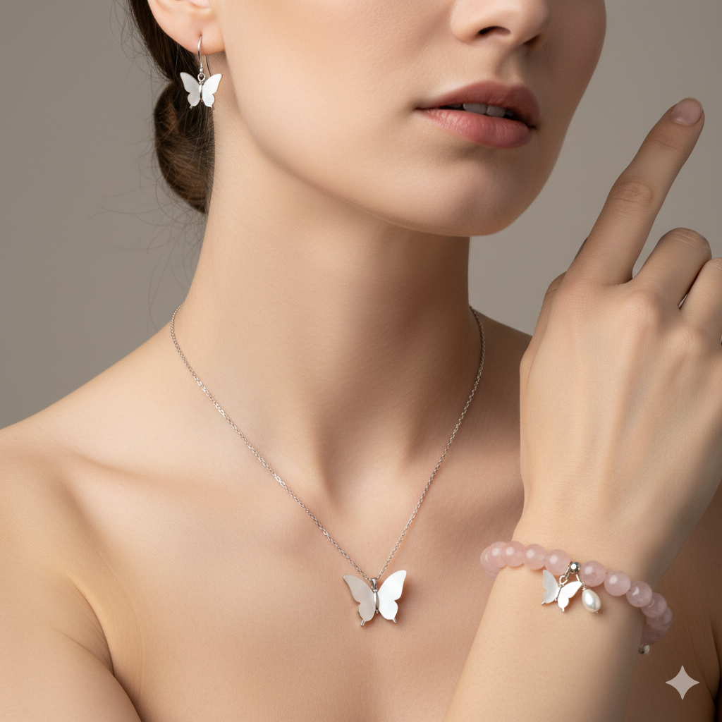 Delicate Butterfly Jewelry Set with Rose Quartz Beads & Gold Accents