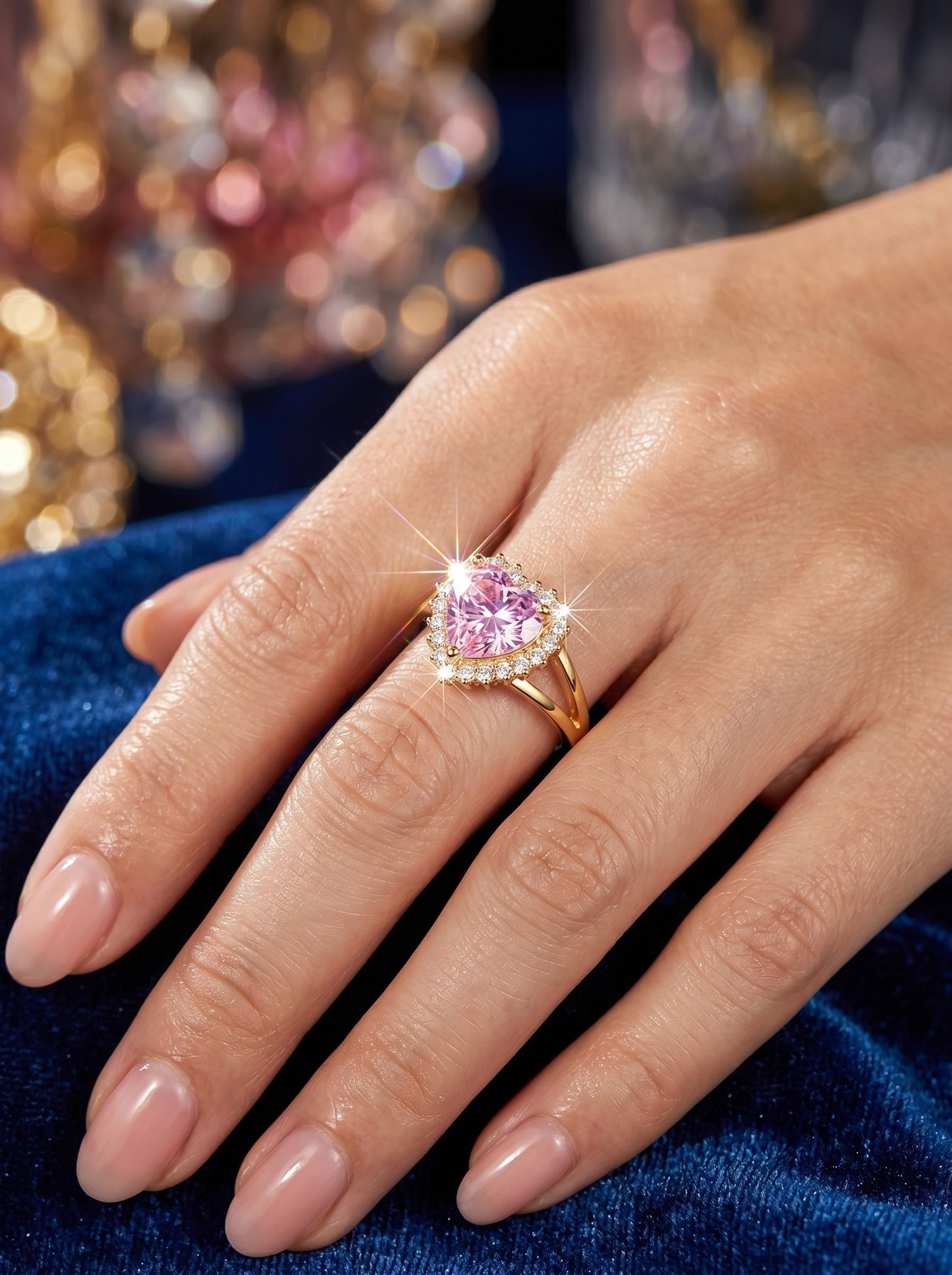 Elegant Heart-Cut Pink Gemstone Ring in Gold with Artificial Stones