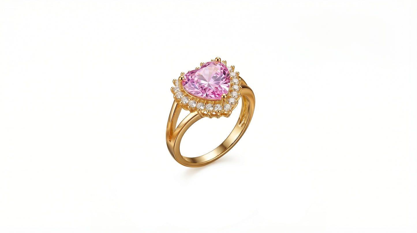 Elegant Heart-Cut Pink Gemstone Ring in Gold with Artificial Stones