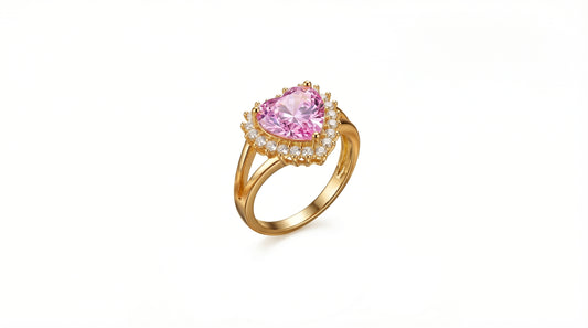 Elegant Heart-Cut Pink Gemstone Ring in Gold with Artificial Stones
