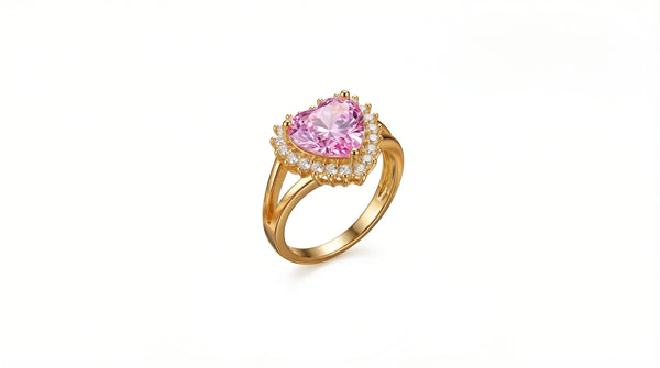 Elegant Heart-Cut Pink Gemstone Ring in Gold with Artificial Stones