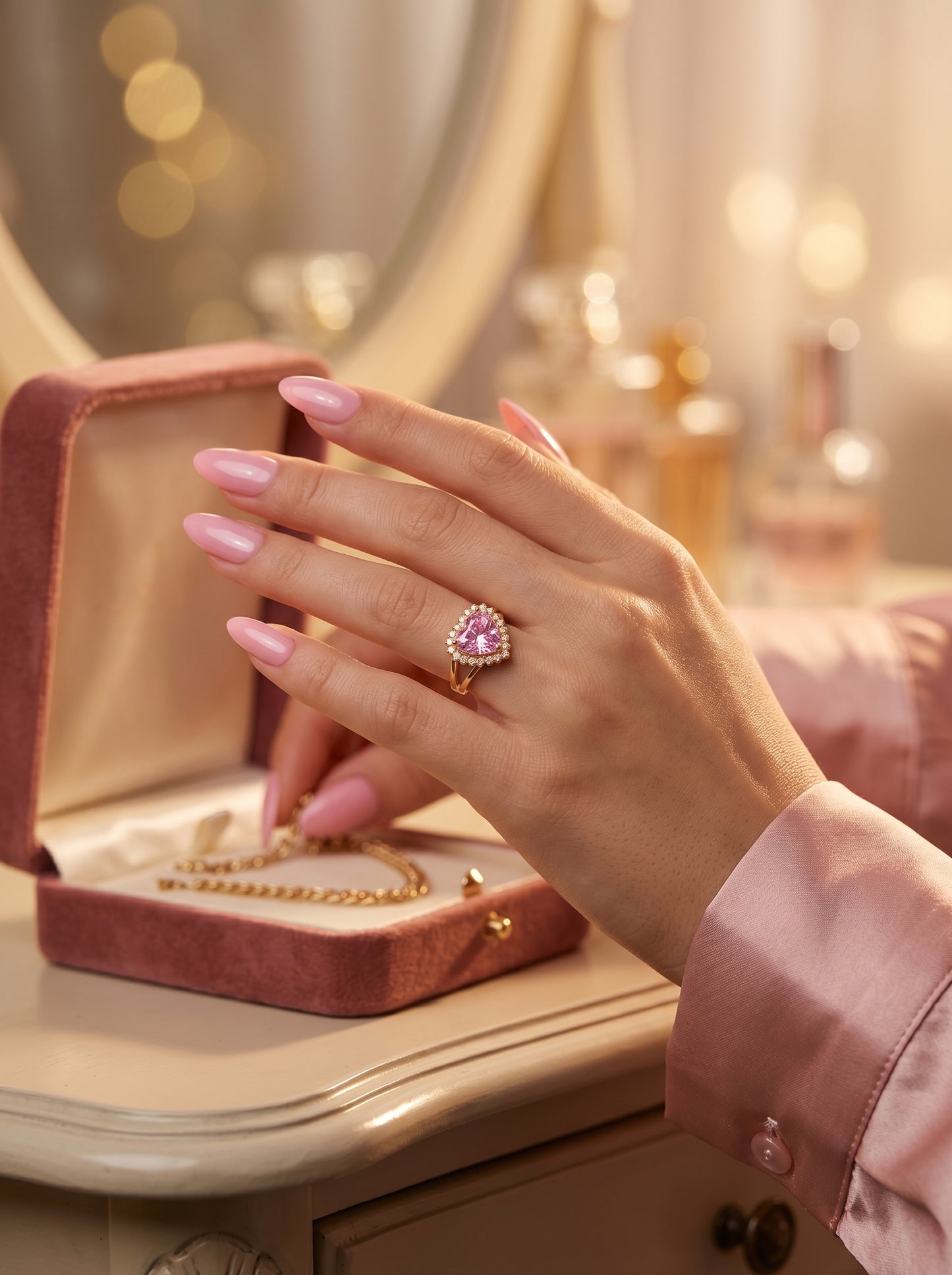Elegant Heart-Cut Pink Gemstone Ring in Gold with Artificial Stones