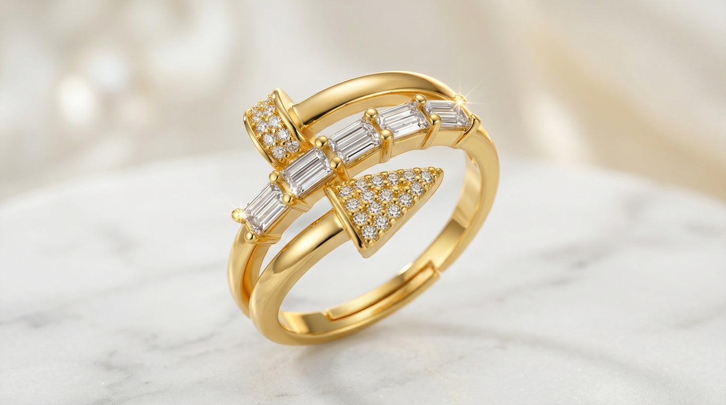 Modern Gold Plated Wrap Ring with Baguette Diamonds & Pavé Accents