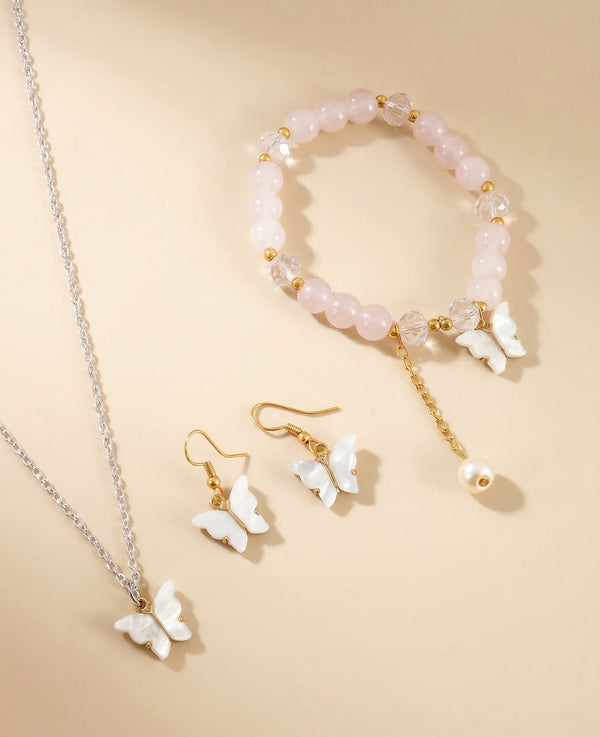 Delicate Butterfly Jewelry Set with Rose Quartz Beads & Gold Accents