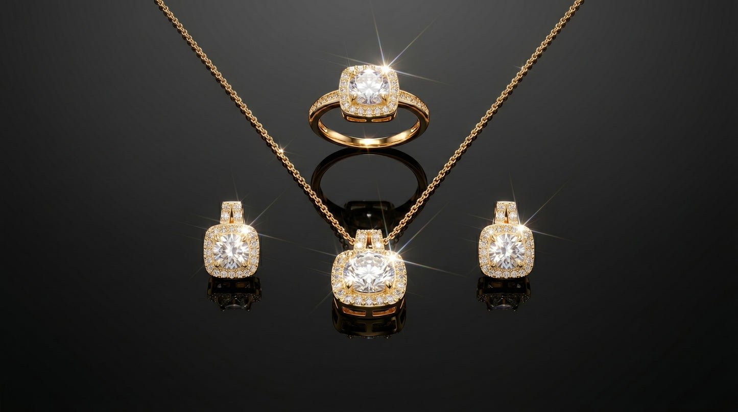 Luxury Gold Plated American Diamond Jewelry Set – Halo Pendant, Stud Earrings & Ring