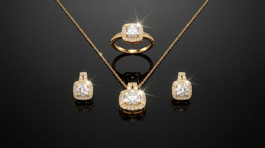 Luxury Gold Plated American Diamond Jewelry Set – Halo Pendant, Stud Earrings & Ring