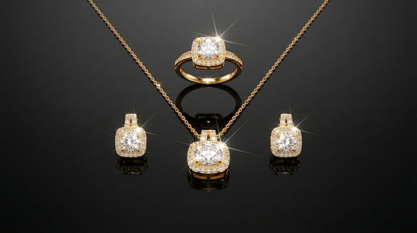Luxury Gold Plated American Diamond Jewelry Set – Halo Pendant, Stud Earrings & Ring
