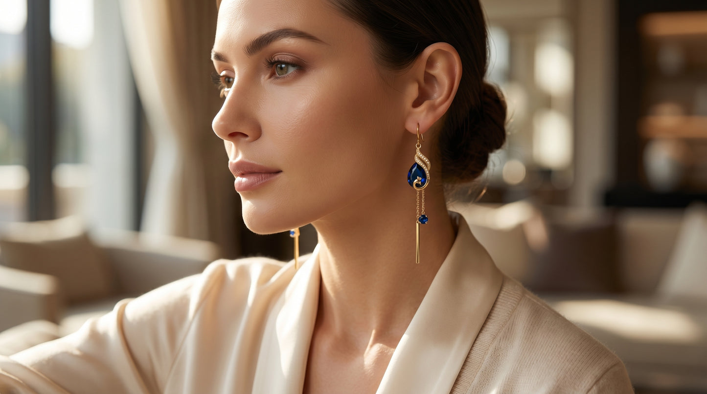 Luxury Gold Peacock Drop Earrings with Sapphire Blue Stones