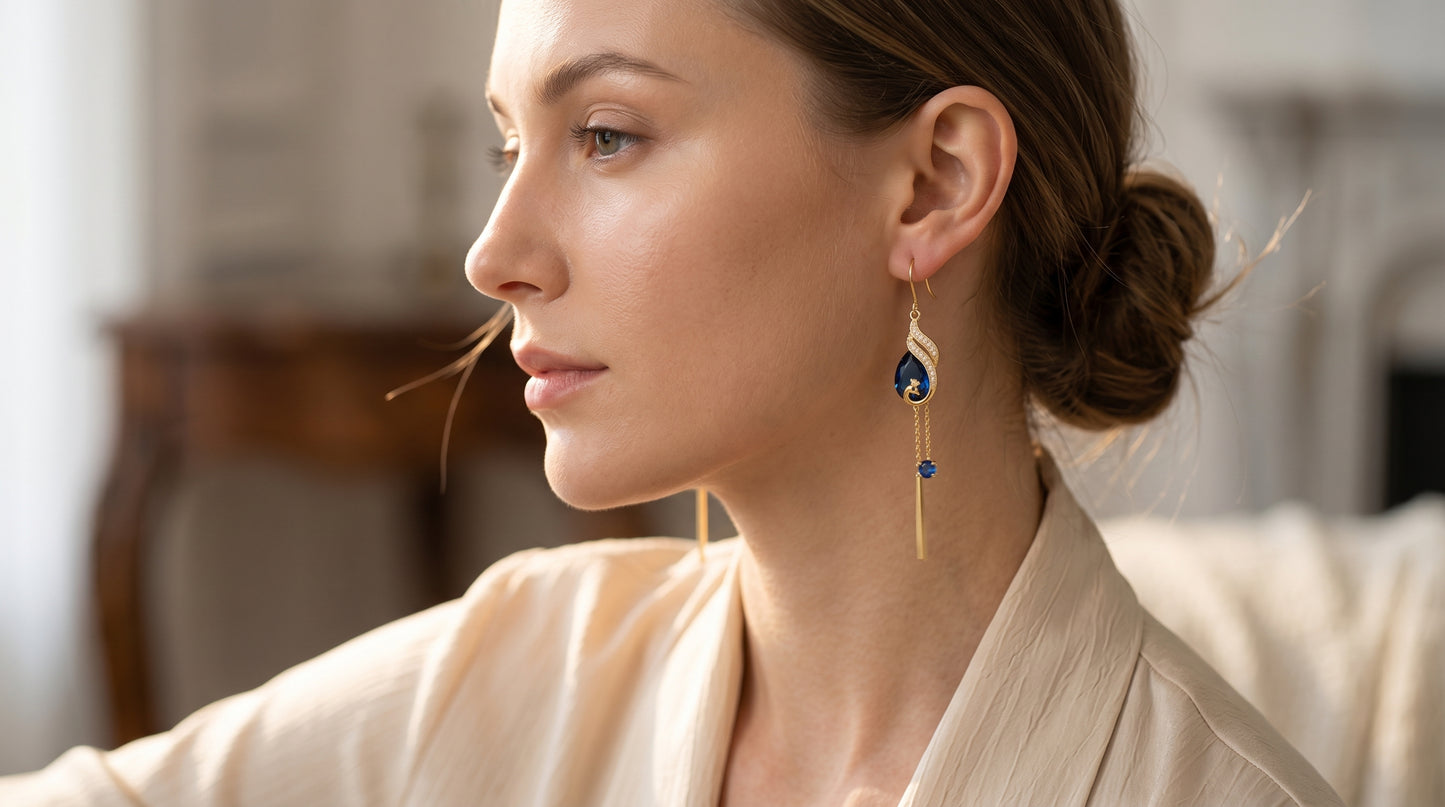 Luxury Gold Peacock Drop Earrings with Sapphire Blue Stones
