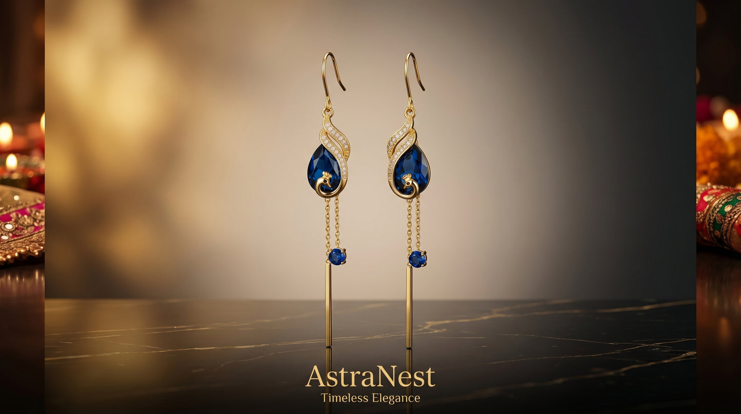 Luxury Gold Peacock Drop Earrings with Sapphire Blue Stones