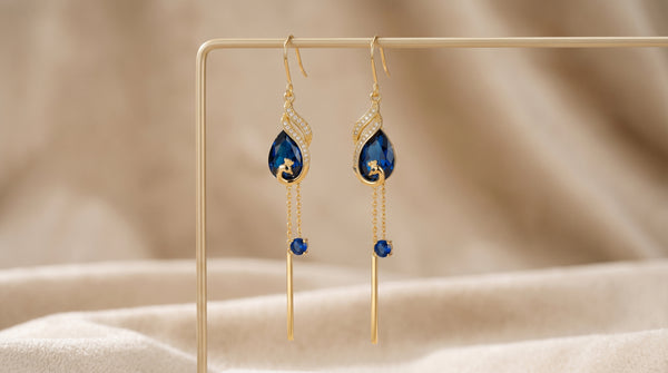 Luxury Gold Peacock Drop Earrings with Sapphire Blue Stones