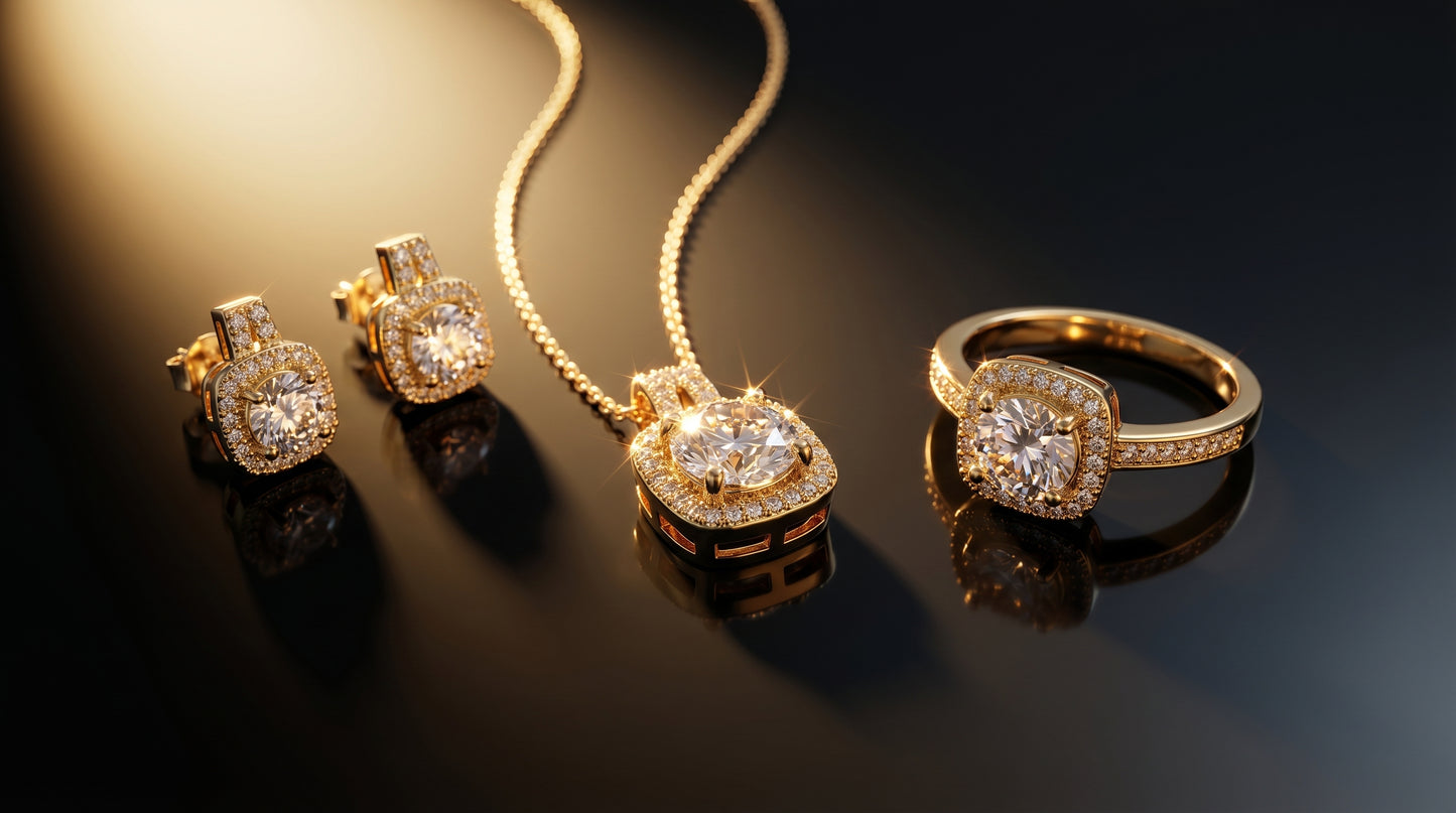 Luxury Gold Plated American Diamond Jewelry Set – Halo Pendant, Stud Earrings & Ring